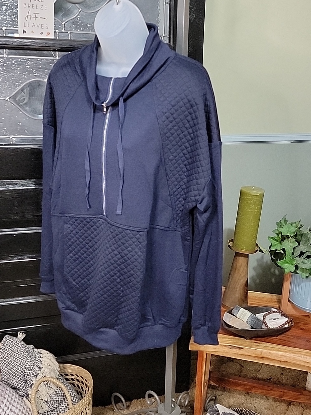 #66 Miss Sparkling Navy Quilted Half Zip Pullover Kangaroo Pocket Women Size S